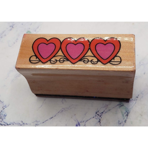 Three Hearts Romantic Love Small Wood Mounted Rubber Border Stamp - Picture 1 of 7